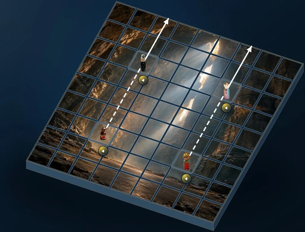The current constellation board over a landscape, with regular pieces from several sets, direction medallions, and lines reaching the edges.