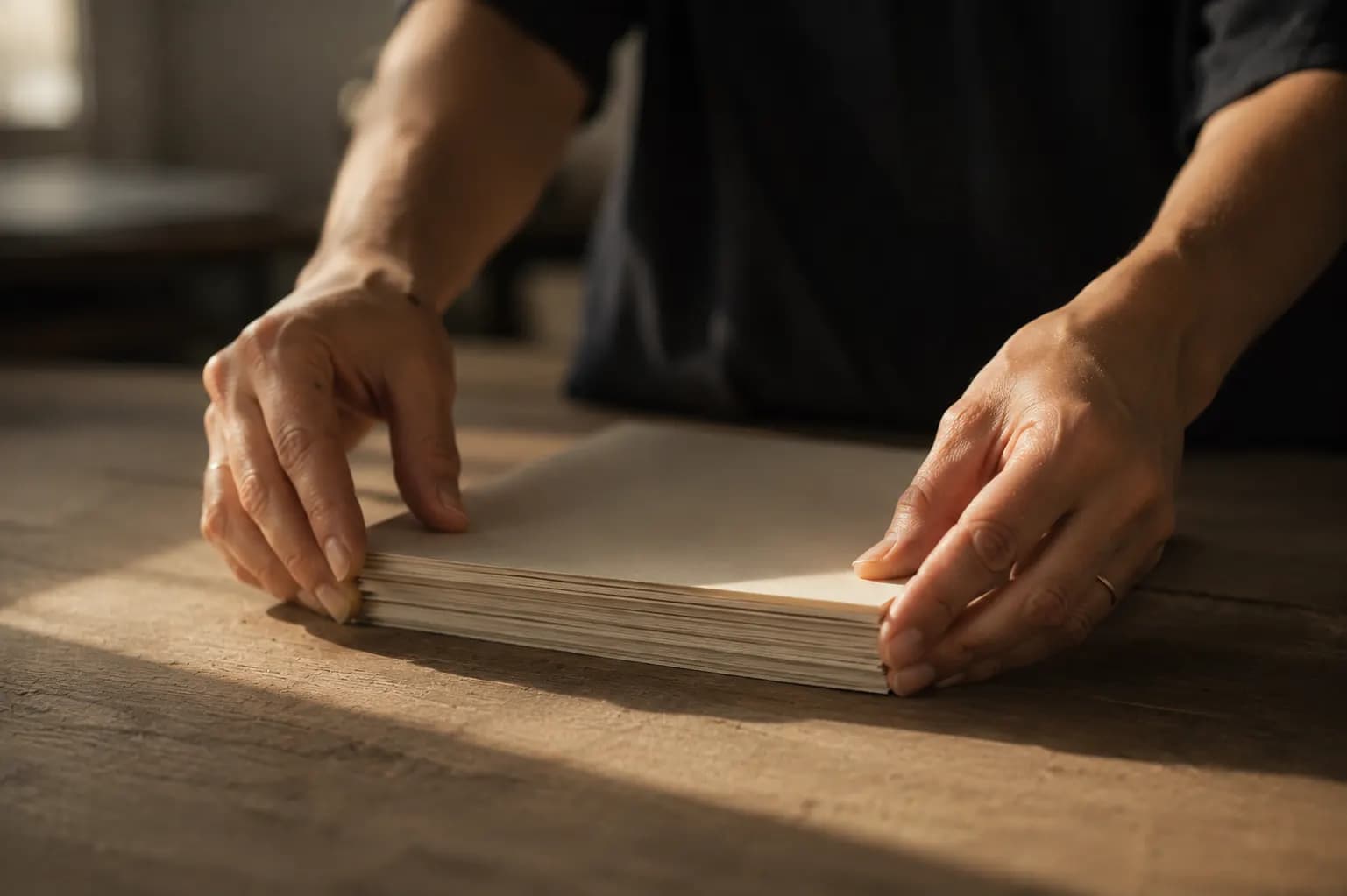 Two hands aligning a stack of paper sheets on a wooden table.