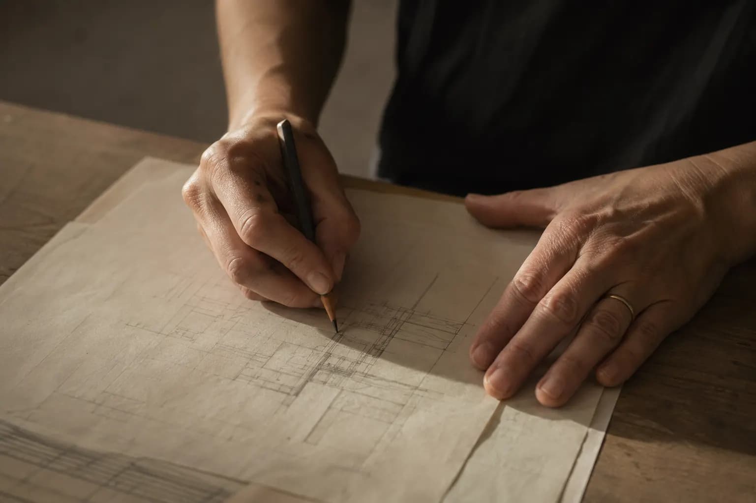 Two hands drawing an architectural blueprint in pencil on paper, lit by a window.